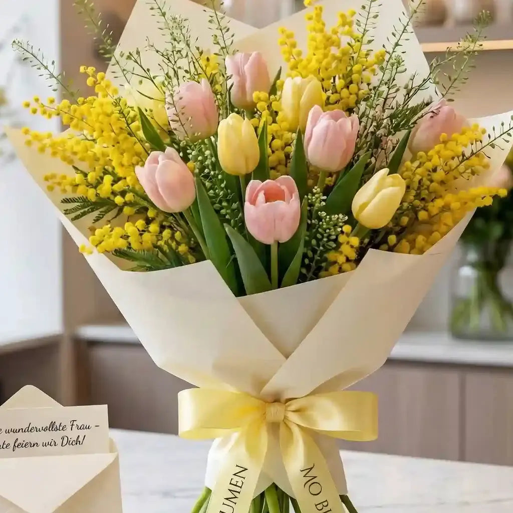 Gelb-rosafarbener Mimosen-Tulpenstrauß von MO BLUMEN, in cremefarbenes Papier gewickelt, mit gelber Schleife und Grußkarte.